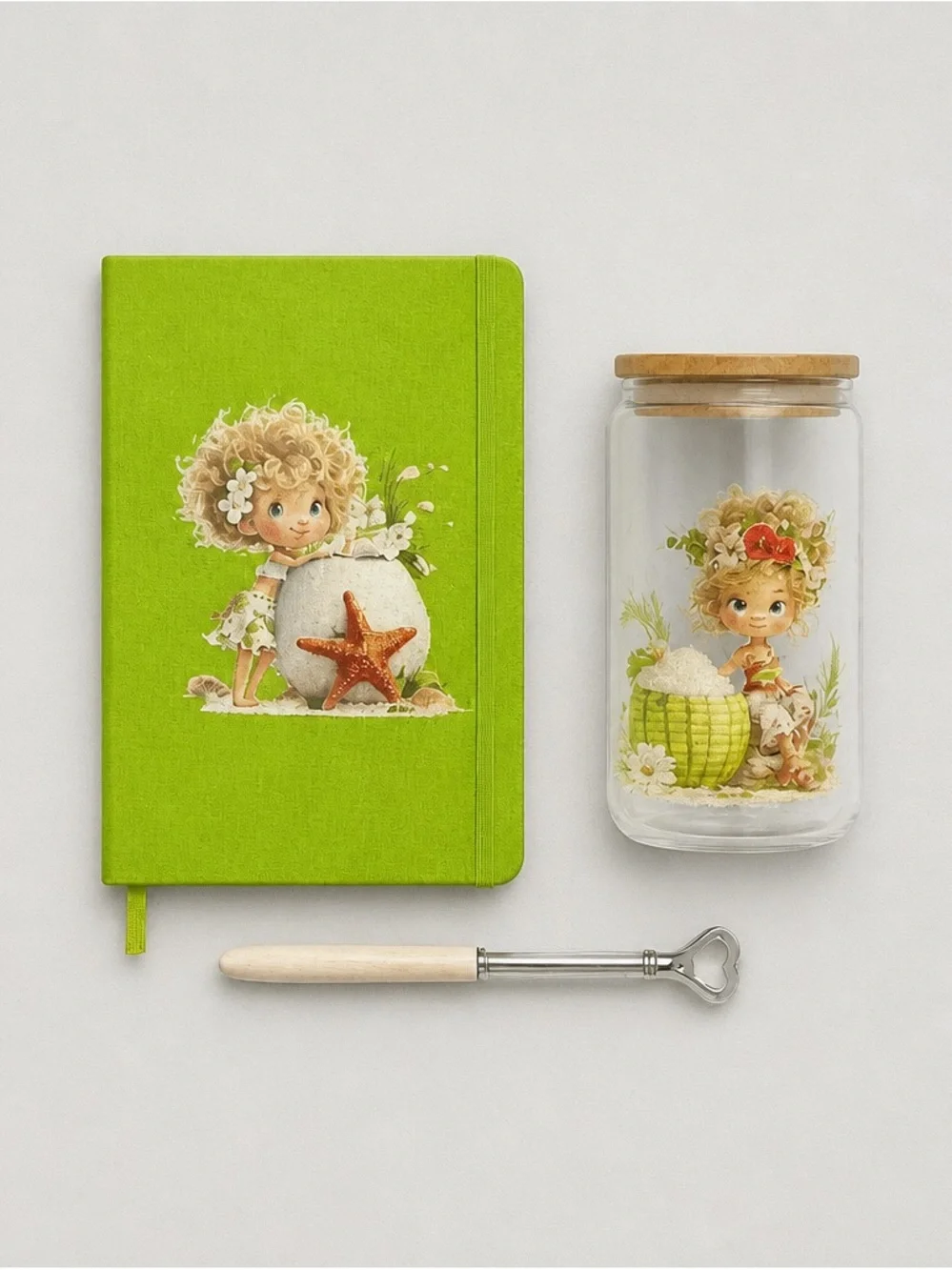 Cute Green Linen Notebook with Illustrated Girl